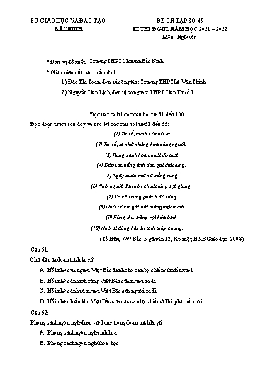 Đề ôn tập số 46 Kỳ thi TN THPT 2022 môn Ngữ văn - Sở GD&ĐT Bắc Ninh (Có đáp án)