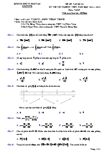Đề ôn tập số 46 Kỳ thi TN THPT 2022 môn Toán - Trung tâm GDTX Thuận Thành (Có đáp án)
