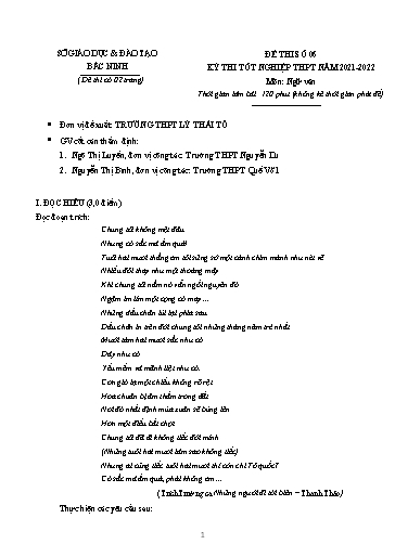 Đề ôn tập số 6 Kỳ thi TN THPT 2022 môn Ngữ văn - Sở GD&ĐT Bắc Ninh (Có đáp án)