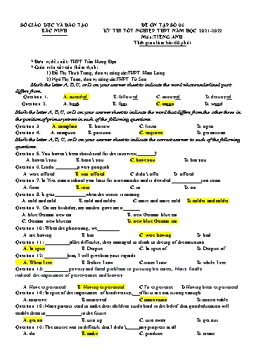 Đề ôn tập số 6 Kỳ thi TN THPT 2022 môn Tiếng Anh - Sở GD&ĐT Bắc Ninh (Có đáp án)