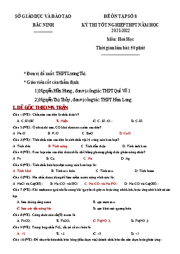 Đề ôn tập số 8 Kỳ thi TN THPT 2022 môn Hóa học - Trường THPT Lương Tài (Có đáp án)