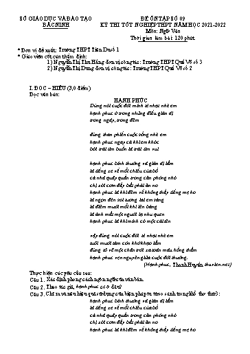Đề ôn tập số 9 Kỳ thi TN THPT 2022 môn Ngữ văn - Sở GD&ĐT Bắc Ninh (Có đáp án)