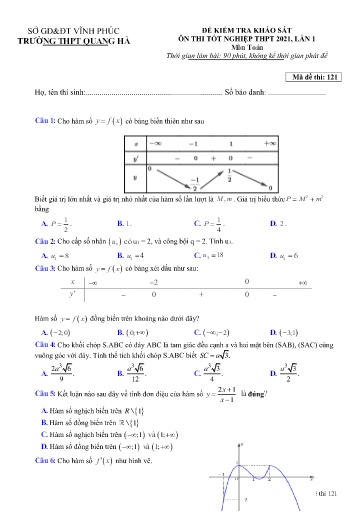 Đề ôn tập TN THPT 2021 (Lần 1) môn Toán - Trường THPT Quang Hà (Có đáp án)