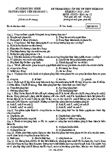 Đề ôn thi THPT Quốc gia 2020 môn GDCD - Trường THPT Yên Phong số 1 (Có đáp án)