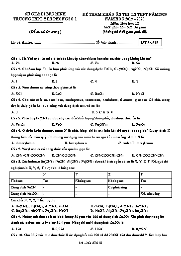 Đề ôn thi THPT Quốc gia 2020 môn Hóa học - Trường THPT Yên Phong số 1 (Có đáp án)
