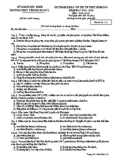 Đề ôn thi THPT Quốc gia 2020 môn Lịch sử - Trường THPT Yên Phong số 1 (Có đáp án)
