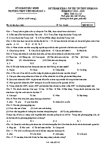 Đề ôn thi THPT Quốc gia 2020 môn Sinh học - Trường THPT Yên Phong số 1 (Có đáp án)