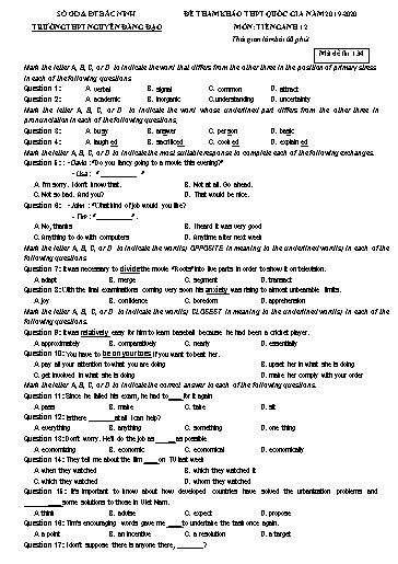 Đề ôn thi THPT Quốc gia 2020 môn Tiếng Anh - Trường THPT Nguyễn Đăng Đạo (Có đáp án)