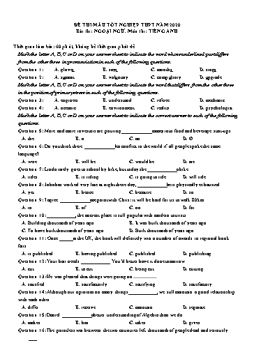 Đề ôn thi THPT Quốc gia 2020 môn Tiếng Anh - Trường THPT Yên Phong số 2 (Có đáp án)