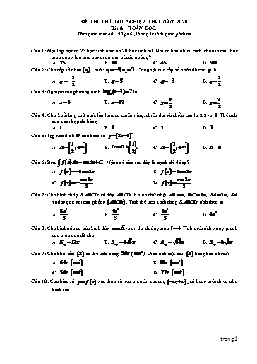 Đề ôn thi THPT Quốc gia 2020 môn Toán - Trường THPT Yên Phong số 2 (Có đáp án)