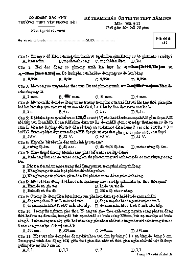 Đề ôn thi THPT Quốc gia 2020 môn Vật lí - Trường THPT Yên Phong số 1 (Có đáp án)