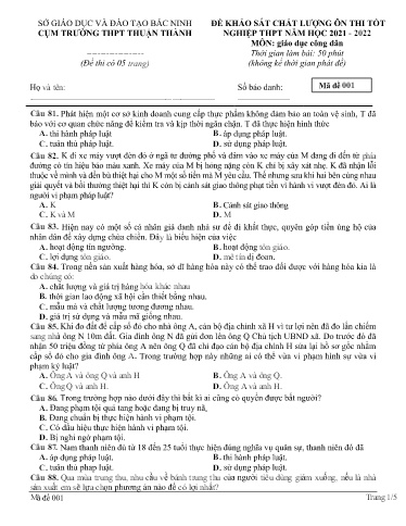 Đề ôn thi TN THPT 2022 môn GDCD - Sở GD&ĐT Bắc Ninh cụm Thuận Thành (Có đáp án)
