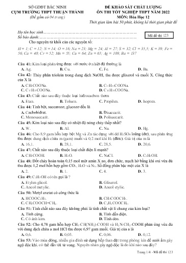 Đề ôn thi TN THPT 2022 môn Hóa học - Sở GD&ĐT Bắc Ninh cụm Thuận Thành (Có đáp án)