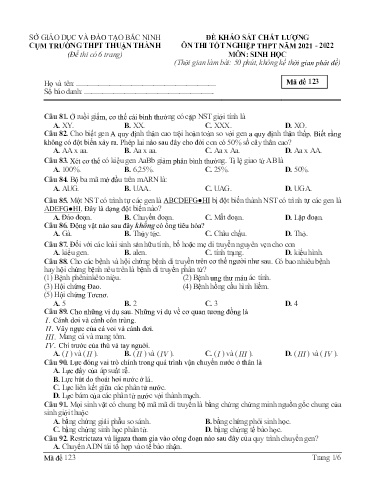Đề ôn thi TN THPT 2022 môn Sinh học - Sở GD&ĐT Bắc Ninh cụm Thuận Thành (Có đáp án)