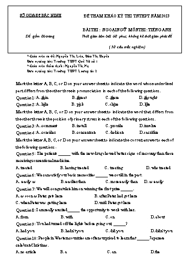 Đề ôn thi TN THPT 2023 môn Tiếng Anh - Trường THPT Quế Võ số 1 (Có đáp án)
