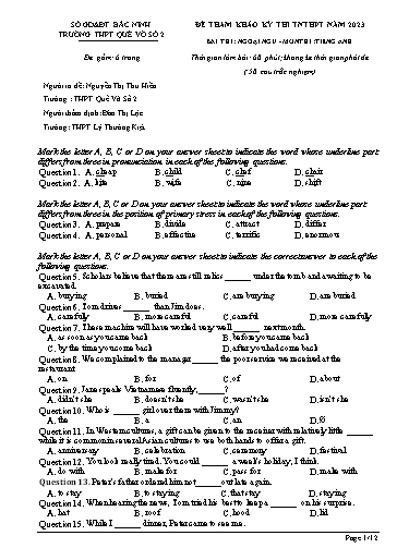 Đề ôn thi TN THPT 2023 môn Tiếng Anh - Trường THPT Quế Võ số 2 (Có đáp án)