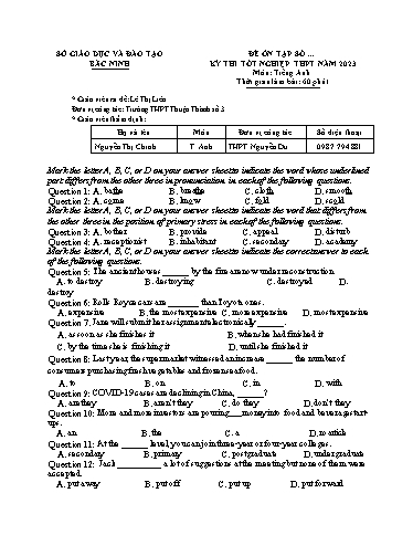 Đề ôn thi TN THPT 2023 môn Tiếng Anh - Trường THPT Thuận Thành số 3 (Có đáp án)