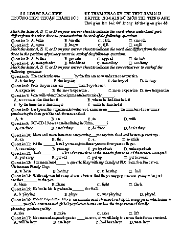 Đề ôn thi TN THPT 2023 môn Tiếng Anh - Trường THPT Thuận Thành 3 (Có đáp án)