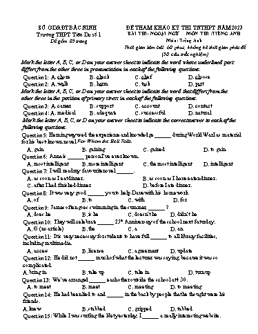 Đề ôn thi TN THPT 2023 môn Tiếng Anh - Trường THPT Tiên Du số 1 (Có đáp án)