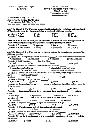 Đề ôn thi TN THPT 2023 môn Tiếng Anh - Trường THPT Từ Sơn (Có đáp án)