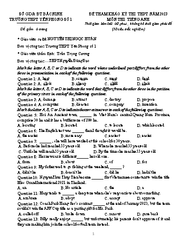 Đề ôn thi TN THPT 2023 môn Tiếng Anh - Trường THPT Yên Phong số 1 (Có đáp án)