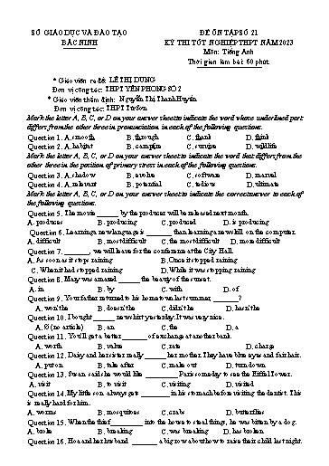 Đề ôn thi TN THPT 2023 môn Tiếng Anh - Trường THPT Yên Phong số 2 (Có đáp án)