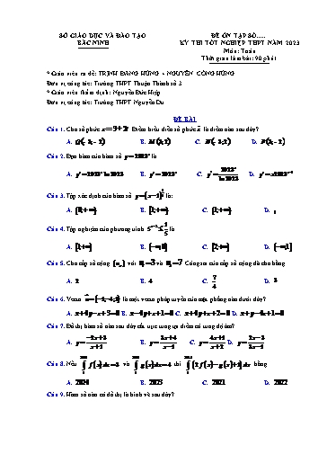 Đề ôn thi TN THPT 2023 môn Toán - Trường THPT Thuận Thành số 3 (Có đáp án)