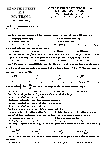 Đề ôn thi TN THPT 2023 môn Vật lí - Trường THPT Yên Phong số 1 (Có đáp án)