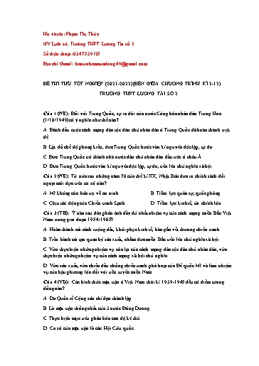 Đề ôn thi TN THPT năm 2022 (Tháng 3) môn Lịch sử - Trường THPT Lương Tài số 2 (Có đáp án)