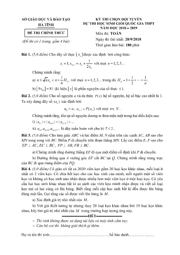 Đề thi chọn đội tuyển dự thi HSG Quốc gia môn Toán - Sở GD&ĐT Hà Tĩnh 2018-2019 (Có đáp án)