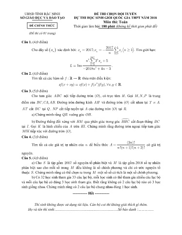 Đề thi chọn đội tuyển dự thi HSG Quốc gia THPT môn Toán - Sở GD&ĐT Bắc Ninh 2018-2019 (Có đáp án)