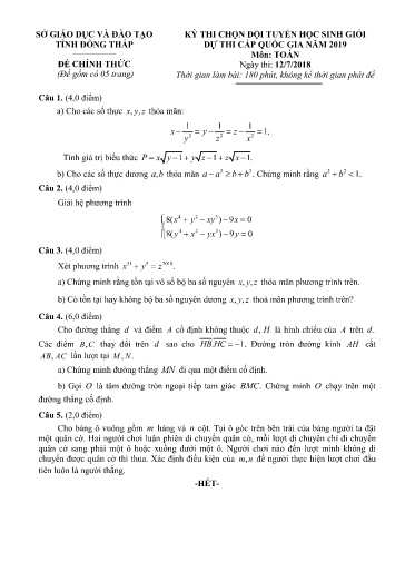 Đề thi chọn đội tuyển dự thi HSG Quốc gia THPT môn Toán - Sở GD&ĐT Đồng Tháp 2018-2019 (Có đáp án)