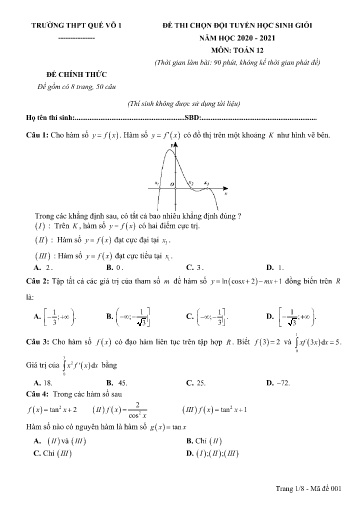 Đề thi chọn đội tuyển HSG môn Toán 12 - Trường THPT Quế Võ 1 2020-2021 (Có đáp án)