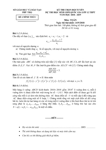 Đề thi chọn đội tuyển HSG Quốc gia Lớp 12 THPT môn Toán - Sở GD&ĐT Phú Thọ 2018-2019 (Có đáp án)