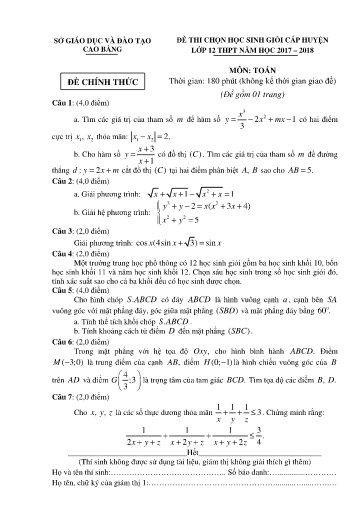 Đề thi chọn HSG cấp huyện môn Toán 12 - Sở GD&ĐT Cao Bằng 2017-2018 (Có đáp án)
