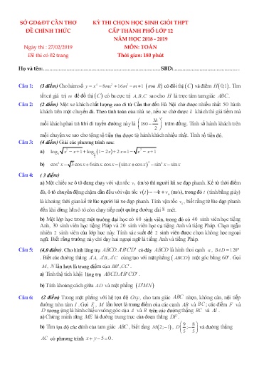 Đề thi chọn HSG cấp Thành phố môn Toán 12 - Sở GD&ĐT Cần Thơ 2018-2019 (Có đáp án)