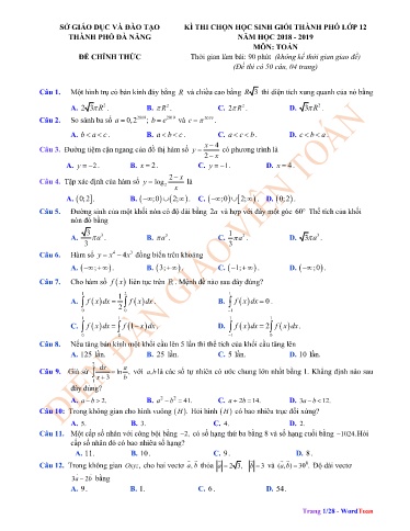 Đề thi chọn HSG cấp Thành phố môn Toán 12 - Sở GD&ĐT TP Đà Nẵng 2018-2019 (Có đáp án)
