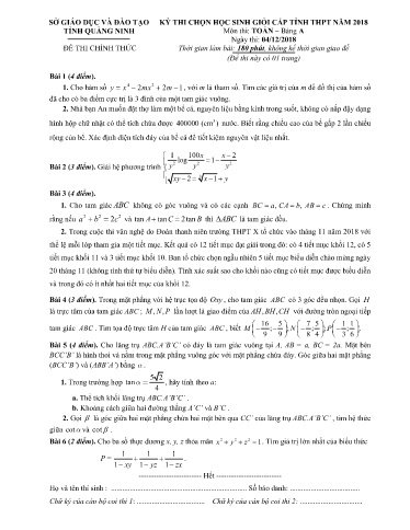Đề thi chọn HSG cấp tỉnh môn Toán 12 (Bảng A) - Sở GD&ĐT Quảng Ninh 2018-2019 (Có đáp án)