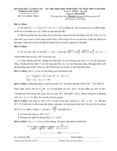 Đề thi chọn HSG cấp tỉnh môn Toán 12 (Bảng B) - Sở GD&ĐT Quảng Ninh 2018-2019 (Có đáp án)