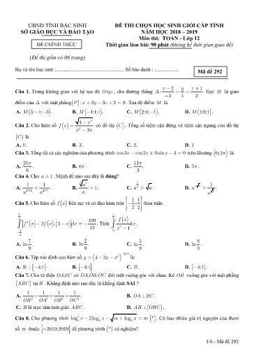 Đề thi chọn HSG cấp tỉnh môn Toán 12 - Sở GD&ĐT Bắc Ninh 2018-2019 (Có đáp án)