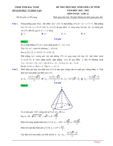 Đề thi chọn HSG cấp tỉnh môn Toán 12 - Sở GD&ĐT Bắc Ninh 2021-2022 (Có đáp án)