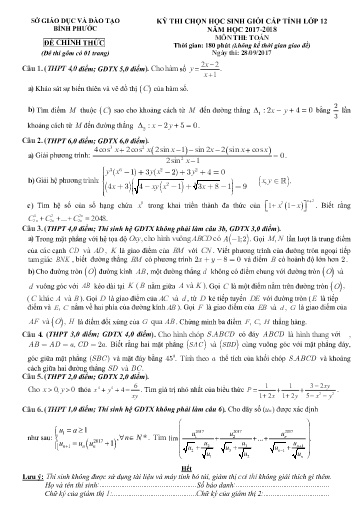 Đề thi chọn HSG cấp tỉnh môn Toán 12 - Sở GD&ĐT Bình Phước 2017-2018 (Có đáp án)