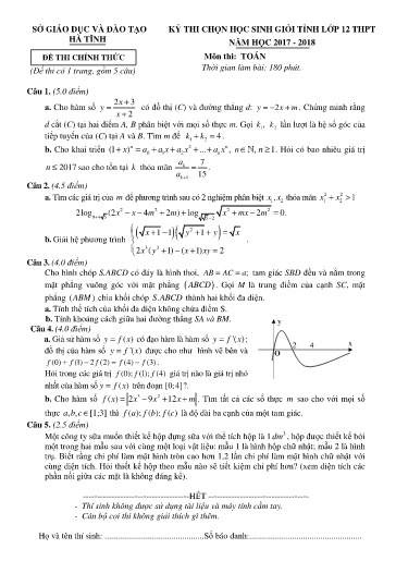 Đề thi chọn HSG cấp tỉnh môn Toán 12 - Sở GD&ĐT Hà Tĩnh 2017-2018 (Có đáp án)