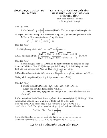 Đề thi chọn HSG cấp tỉnh môn Toán 12 - Sở GD&ĐT Hải Dương 2017-2018 (Có đáp án)