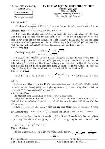 Đề thi chọn HSG cấp tỉnh môn Toán 12 - Sở GD&ĐT Hải Dương 2018-2019 (Có đáp án)