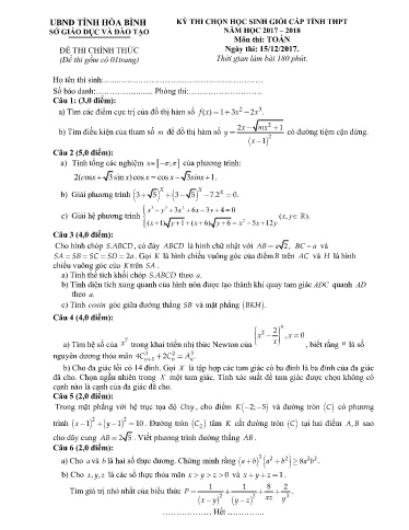 Đề thi chọn HSG cấp tỉnh môn Toán 12 - Sở GD&ĐT Hòa Bình 2017-2018 (Có đáp án)