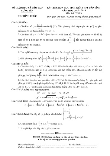Đề thi chọn HSG cấp tỉnh môn Toán 12 - Sở GD&ĐT Hưng Yên 2017-2018 (Có đáp án)
