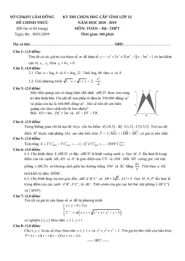 Đề thi chọn HSG cấp tỉnh môn Toán 12 - Sở GD&ĐT Lâm Đồng 2018-2019 (Có đáp án)