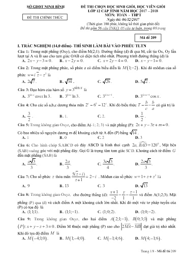 Đề thi chọn HSG cấp tỉnh môn Toán 12 - Sở GD&ĐT Ninh Bình 2017-2018 (Có đáp án)