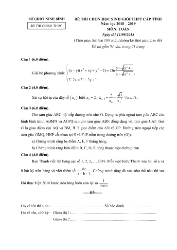 Đề thi chọn HSG cấp tỉnh môn Toán 12 - Sở GD&ĐT Ninh Bình 2018-2019 (Có đáp án)